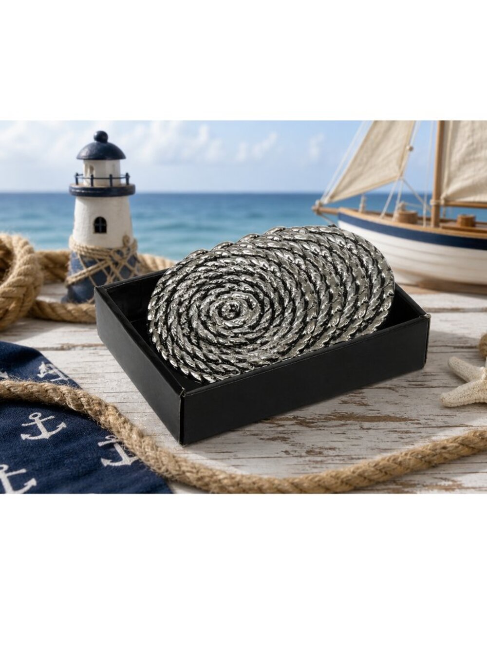 Set of Four Nautical Rope Hand-casted Coasters by Star Home